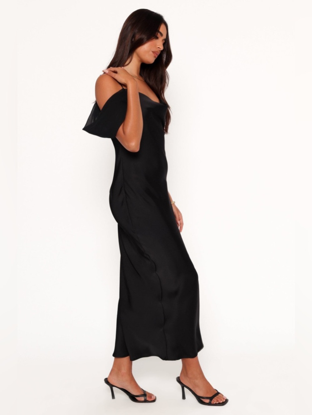 Petal & Pup Reyna Off The Shoulder Satin Maxi Dress Size Medium Black - Picture 5 of 16